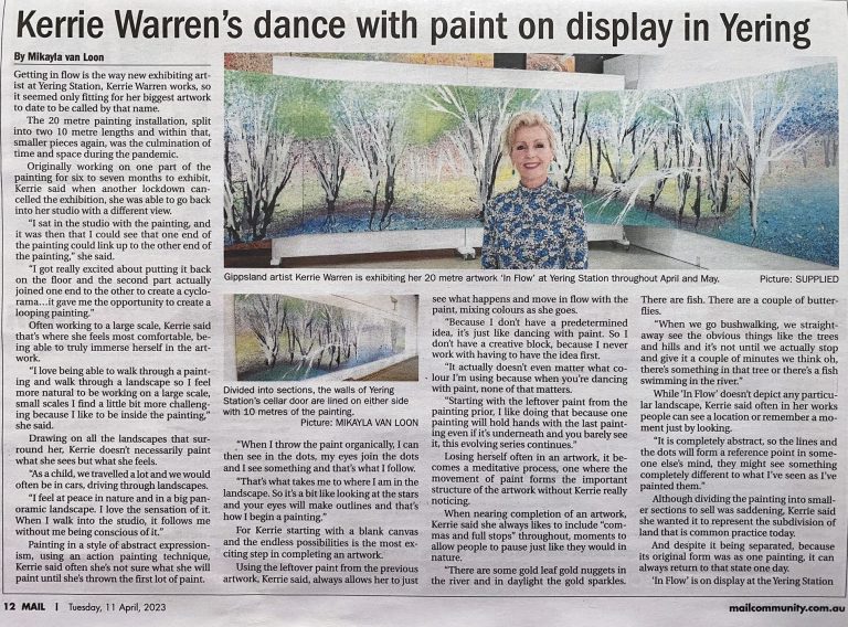 Editorial about Kerrie Warren's dance with paint on display at Yering Station by Mikayla van Loon, Star News