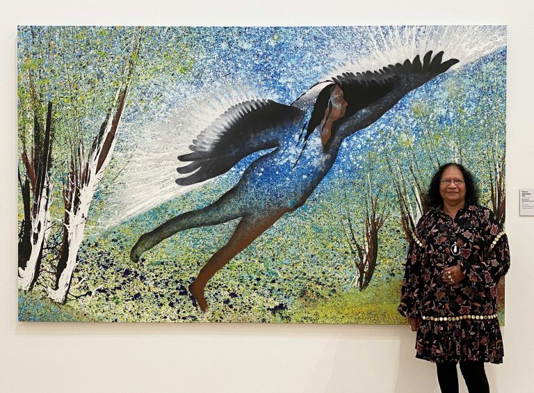 Dr Aunty Eileen Harrison with Black Swan by Kerrie Warren, Collection of Gippsland Art Gallery Sale, Exhibition titled Gifted.